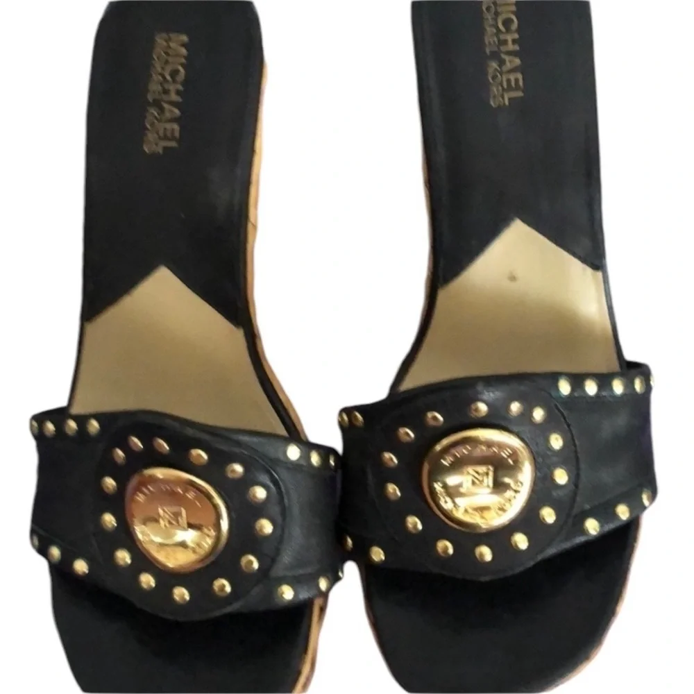 Micheal Kors size 10 black leather with gold studs wicker platform wedge heel